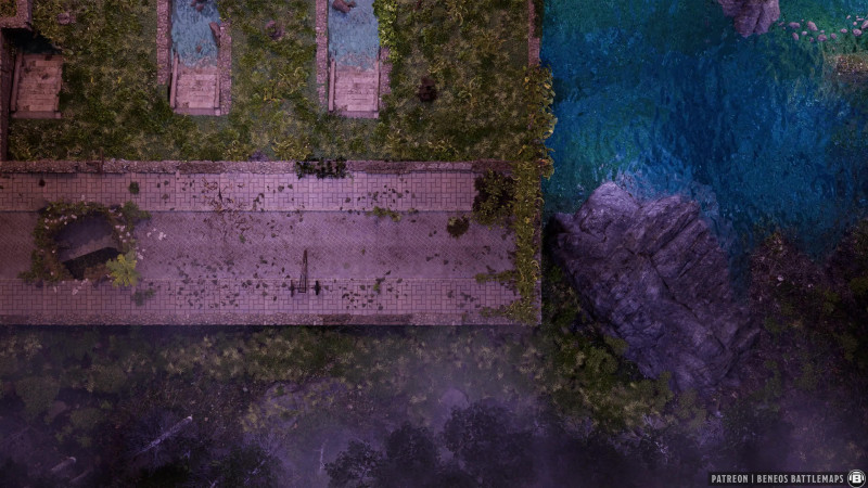 Ruined Stone Gardens Pier | [Animated Battlemap] [32x18] [120px per Square] [Gridless] [3D Rendered] [OC] | Beneos Battlemaps