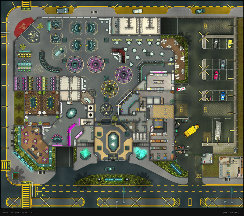 a day at the Cyberpunk-y Streets - Part 2: The Casino [70x62] [modern variant. Basement, Ground floor & Upper floor + Floorplan Handouts]