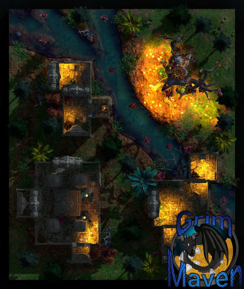 "Fey Temple" (27x32) an ancient ruin, a ritual tree. Something buried beneath? Or a trap waiting to be triggered?