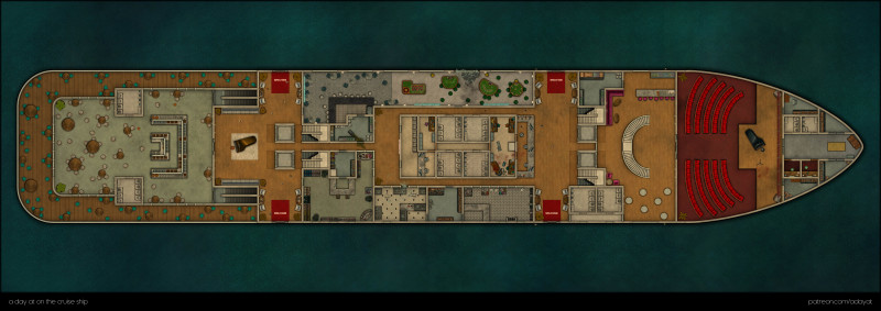 a day on the cruise ship - multi level map (deck -1 to deck 3 as abandoned variant & deck 4 to 7 + roof as modern variant) + floorplan handouts [99x35]