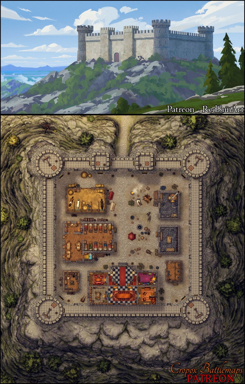 Highcliff Stronghold 50x55 battle map & scene (Cropox Battlemaps & Red Sun Art)