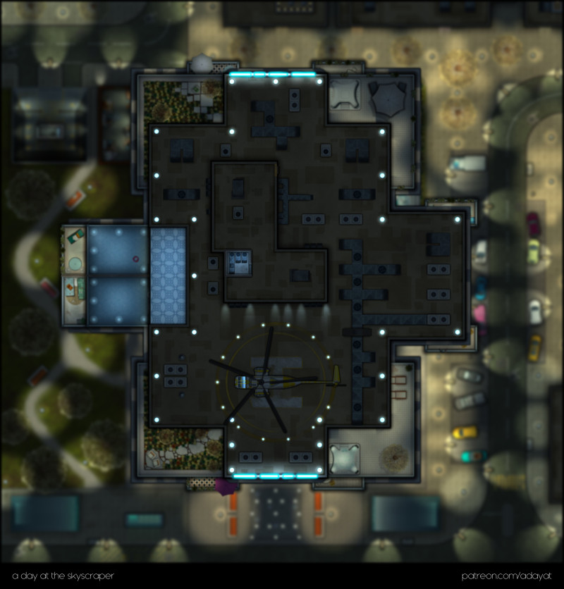 a day at the skyscraper – a multilevel battlemap over 7 unique floors [45x47] [nighttime with blurry background variants]
