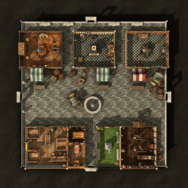 I made a free 5-map fantasy market pack — Market Square + Tavern, Blacksmith, Magic Shop & General Store