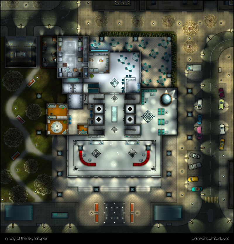a day at the skyscraper – a multilevel battlemap over 7 unique floors [45x47] [nighttime with blurry background variants]