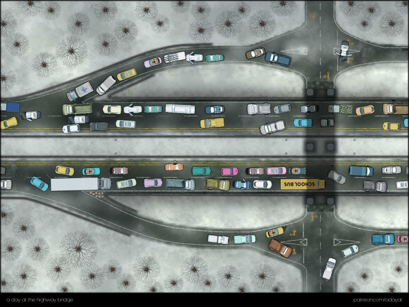 “Back then, everyone tried to leave the city at the same time - how are we supposed to get through this traffic chaos?” [three different biomes: snow, desert and green with different traffic situations] [60x45]