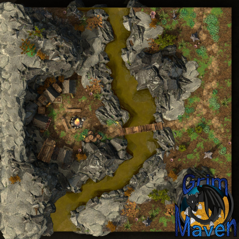 "Sheltered camp"(32x32) does the rock protect you or your quarry? Either way approach wisely!