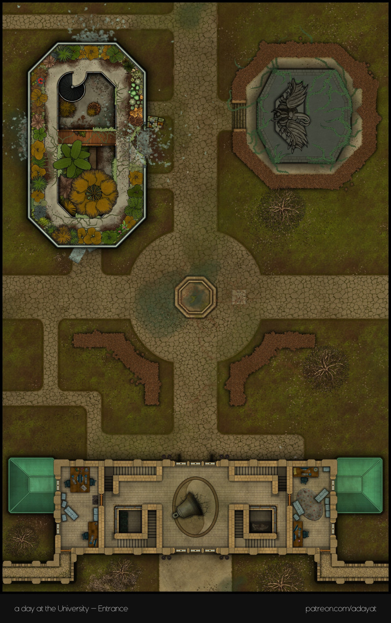 Do you dare venture into the fungus-infested basement rooms of the Campus of Human Sciences? I hope you haven't forgotten your gas mask. > a day at the university battlemaps - Lecture & medical faculty building [82x26, abandoned version] & Entrance [27x43