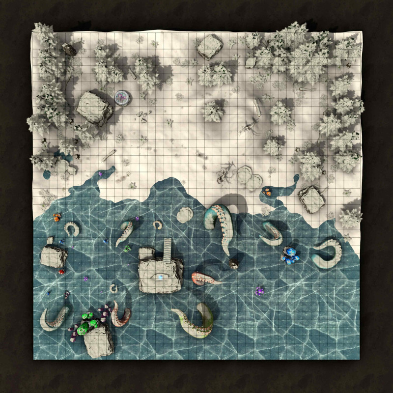 [OC] The Crystalline Lake — a frozen battlemap with a twist (Before/After the monster surfaces)