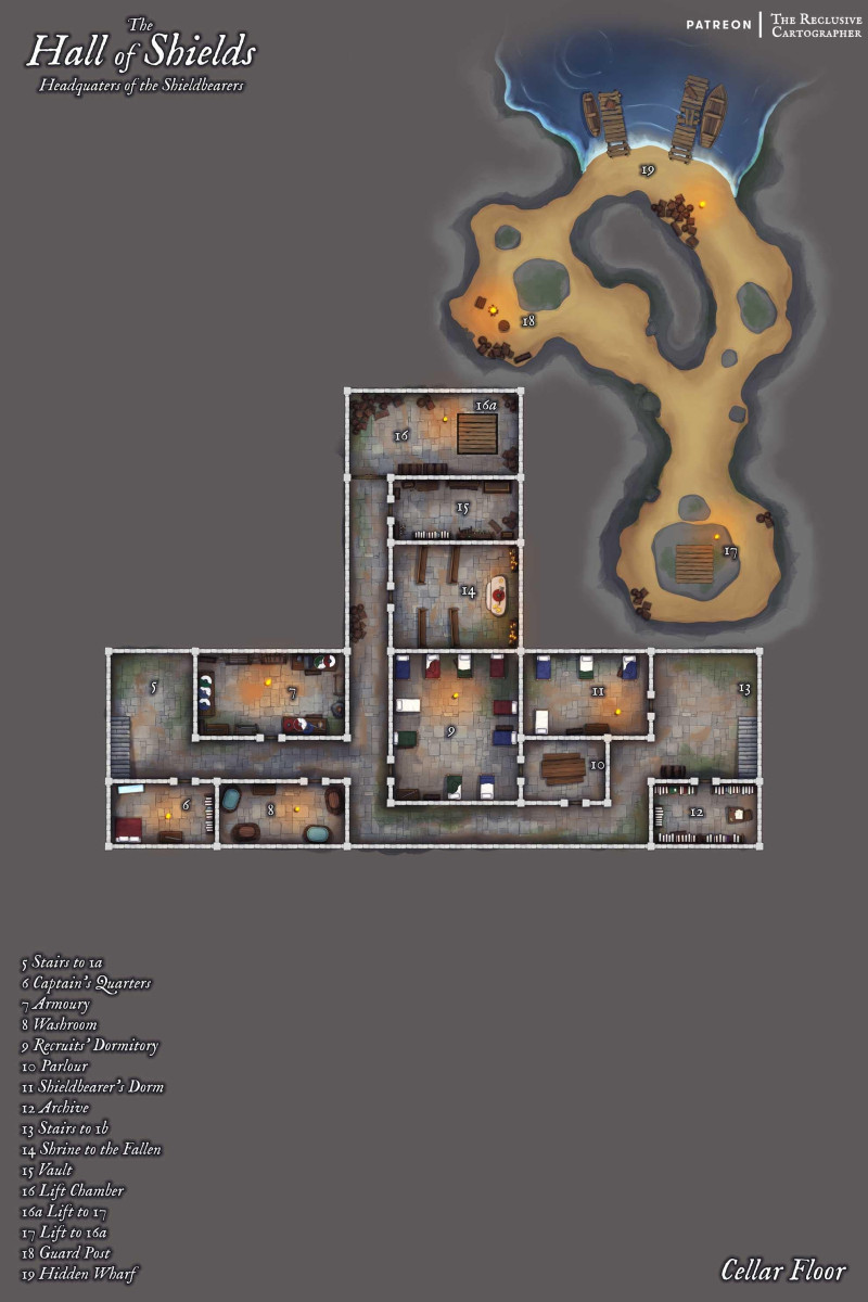 The Hall of Shields - Dungeon Map - 40x60 - RC - 3 Levels - Drawn in Procreate and Photoshop