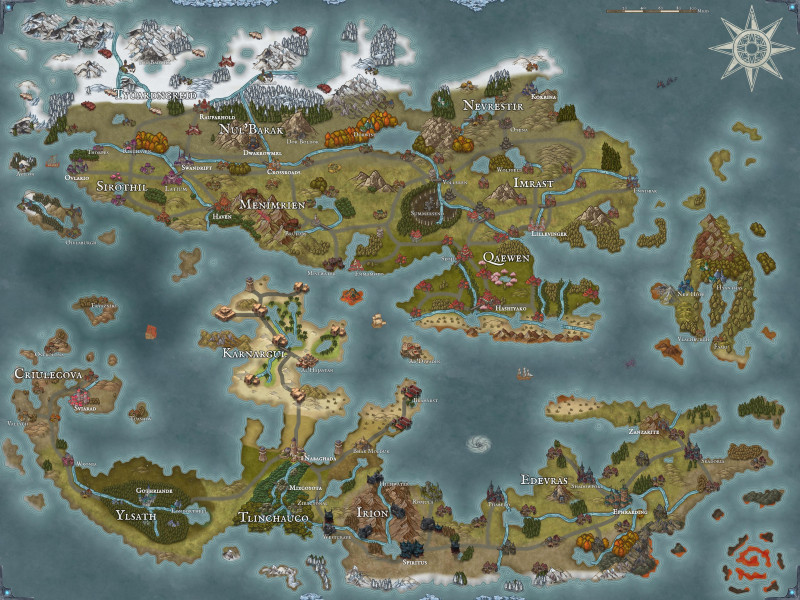 Thoughts on the worldmap for my fantasy tabletop game? I'd love to know first impressions, geography critiques, or anything else you have to say!