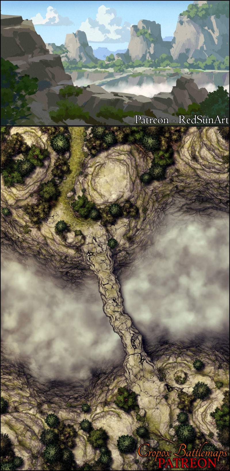 Mountain’s Spine Crossing 30x45 Battle Map + Scene | Cropox Battlemaps & Red Sun Art