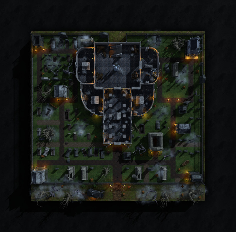 [OC] I made a free haunted cemetery battlemap — Day/Night + Grid/Gridless