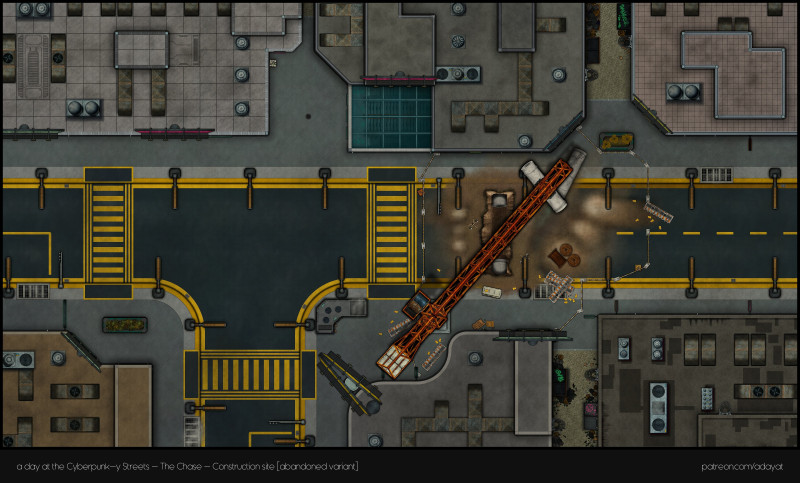 Just wanted to share are all free map releases I made for my cyberpunk-y streets content pack: Slums & construction [aband.], Bridge & Garage [modern] [48x29] + Night market [60x48, modern] & Casino [70x62, modern] & Corporate Plaza [60x77, modern] in the