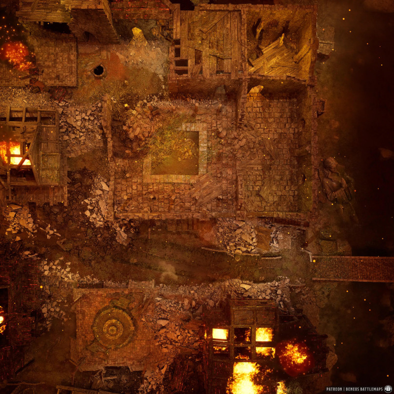 Ruined Burning City | [Animated Battlemap] [41x41] [100px per Square] [Gridless] [3D Rendered] [OC] | Beneos Battlemaps