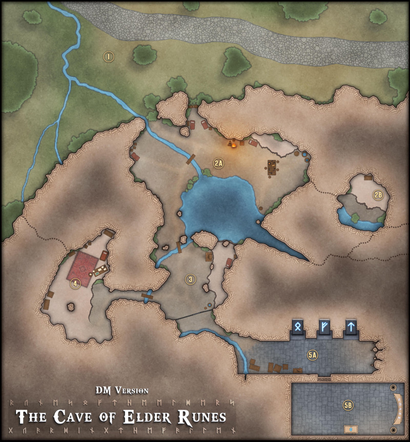 [OC] The Cave of Elder Runes - A classic Dungeon Map, and a 6 Page One-Shot Adventure (No AI)