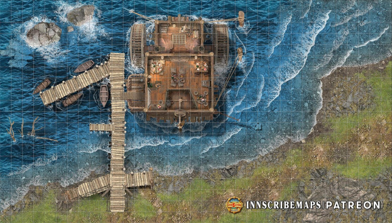 [Art] The "Steamy Froth" Ferry: A docked 4-Level Steamboat tavern for your party's new mobile base of operations (or next pirate ambush). [46x26]