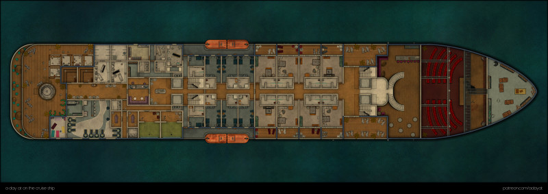 a day on the cruise ship - multi level map (deck -1 to deck 3 as abandoned variant & deck 4 to 7 + roof as modern variant) + floorplan handouts [99x35]