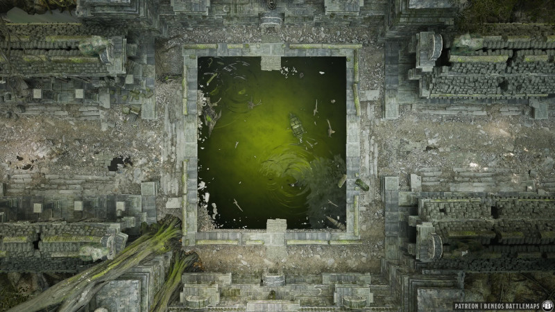 Temple Ruins in the Jungle | [Animated Battlemap] [32x18] [120px per Square] [Gridless] [3D Rendered] [OC] | Beneos Battlemaps