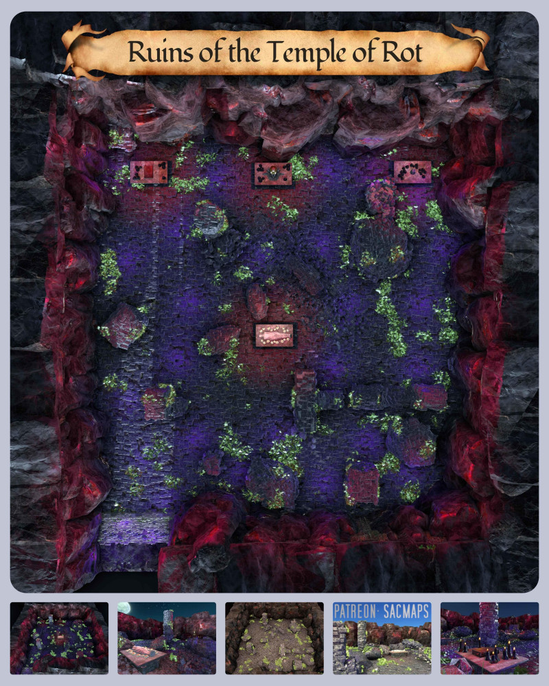 Ruins of The Temple of Rot (42x45) - Three rituals must be performed to bring back The Dark One. Will you be the one to perform them, or will you stop others from doing so? [Free day/night maps + hundreds more freebies]