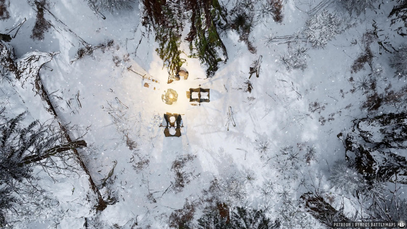 Snowy Forest Camp | [Animated Battlemap] [32x18] [120px per Square] [Gridless] [3D Rendered] [OC] | Beneos Battlemaps