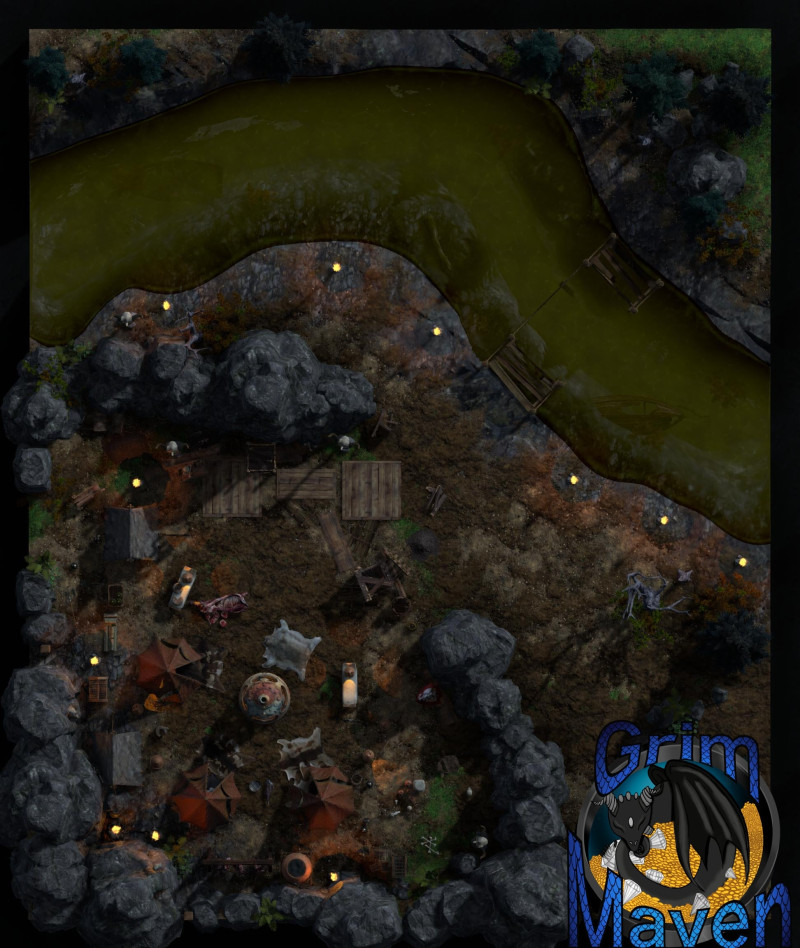 "Goblin Camp"(27x32) crude walls, stolen supplies and lots of hiding points! Abandoned or armed? Either way, good luck!