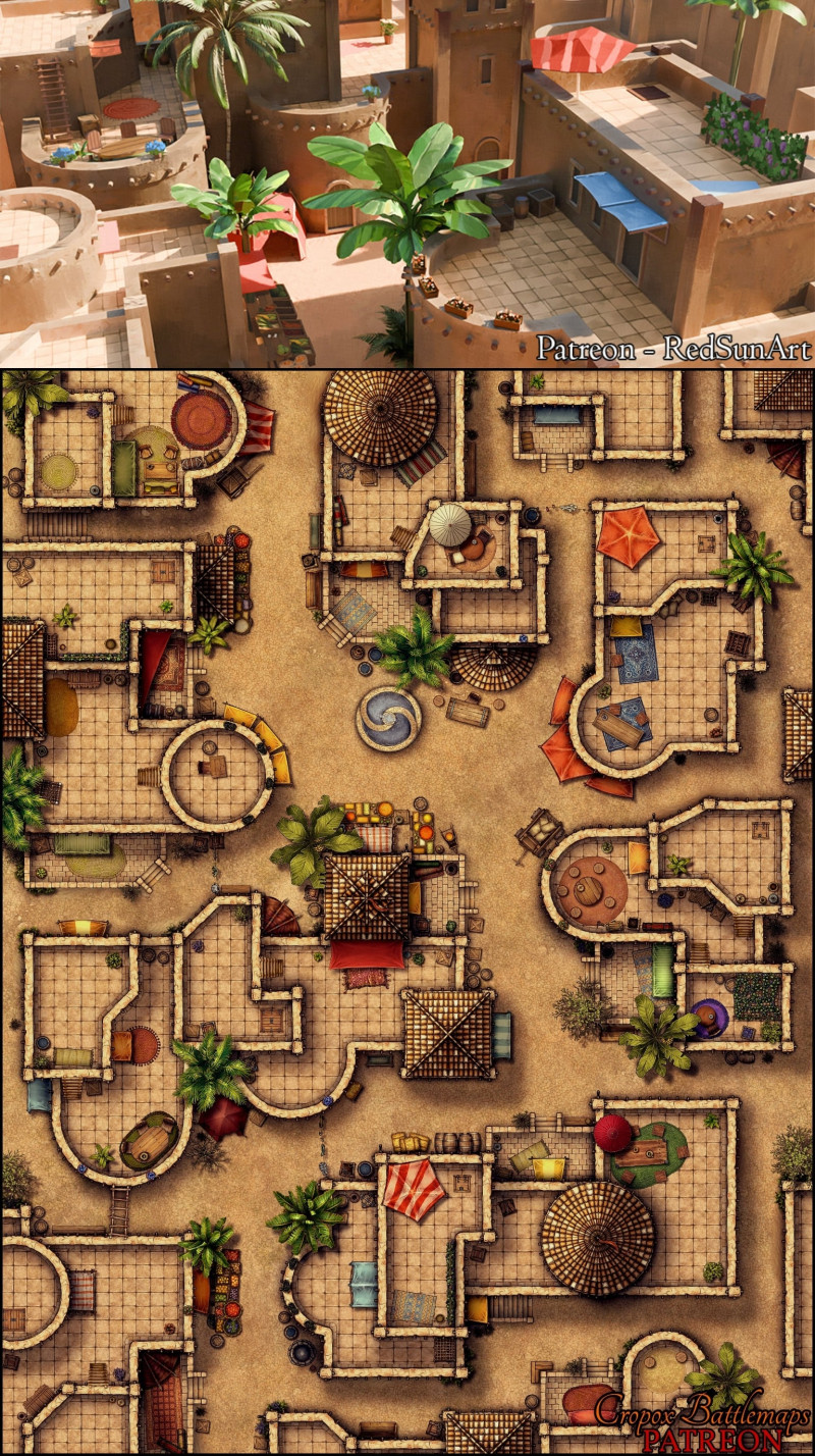 The Sandstone District 30x40 battle map and scene - Cropox Battlemaps & Red Sun Art
