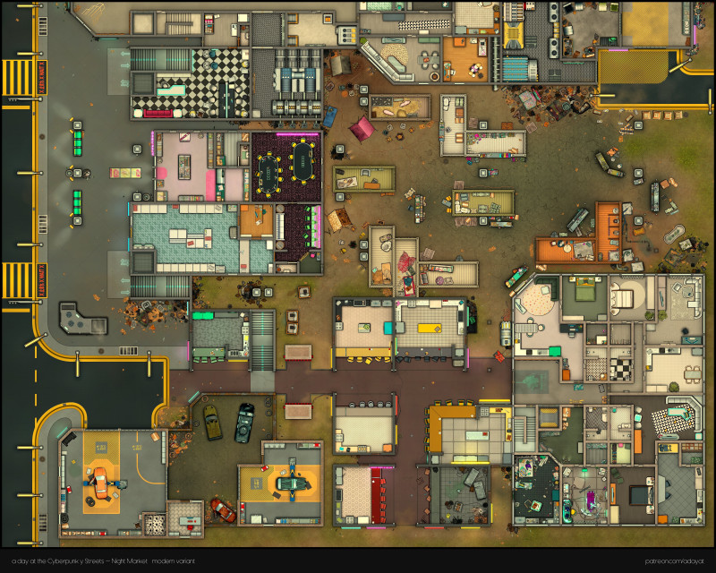 Just wanted to share are all free map releases I made for my cyberpunk-y streets content pack: Slums & construction [aband.], Bridge & Garage [modern] [48x29] + Night market [60x48, modern] & Casino [70x62, modern] & Corporate Plaza [60x77, modern] in the