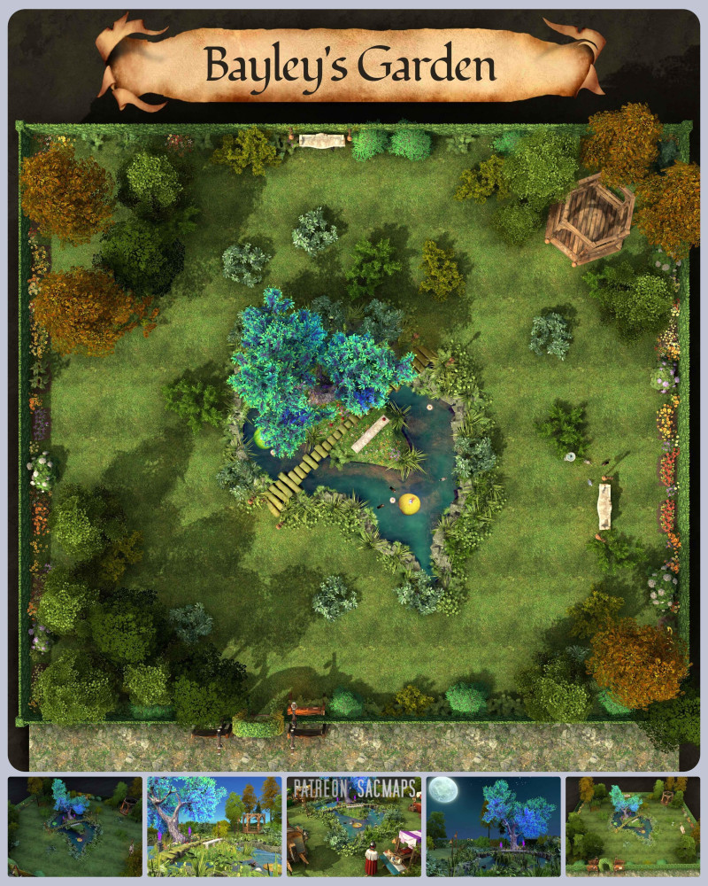 Does your party collect pets? Are they simple beasts, or do they have a collection of goblins, mimics and sentient trees? Maybe they need a bit of downtime to run around, so come visit BAYLEY'S GARDEN (30x30 free day & night maps + hundreds more freebies!