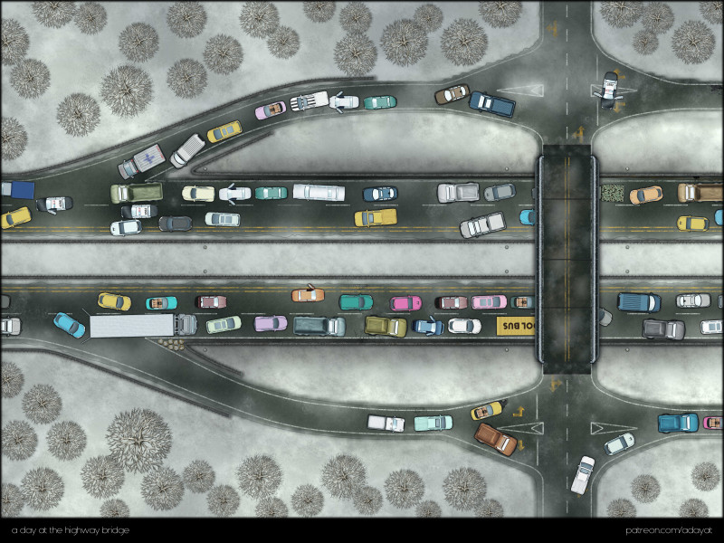 “Back then, everyone tried to leave the city at the same time - how are we supposed to get through this traffic chaos?” [three different biomes: snow, desert and green with different traffic situations] [60x45]