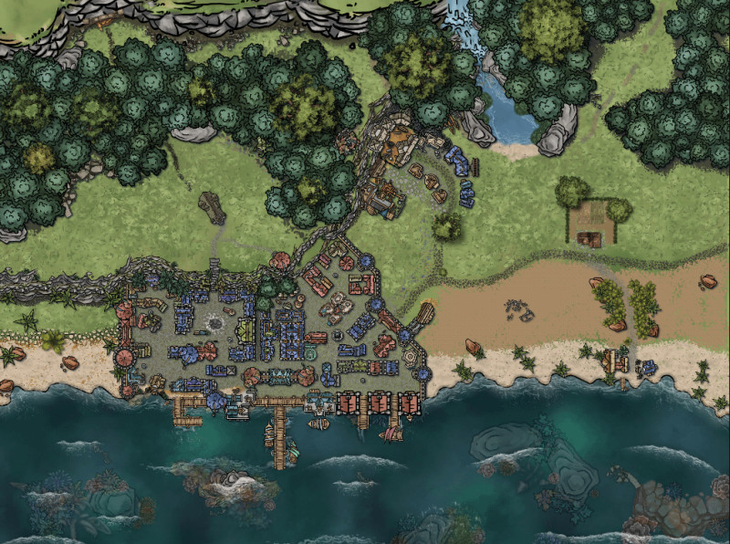 My first ever map created in Inkarnate. It's a town and surrounding area for my new D&D campaign, the first hub players going to visit.