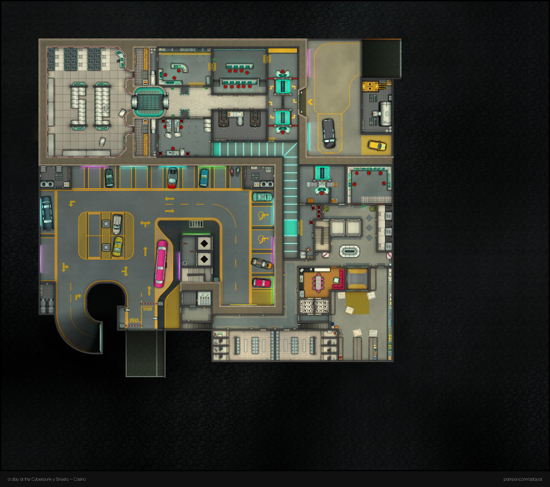 a day at the Cyberpunk-y Streets - Part 2: The Casino [70x62] [modern variant. Basement, Ground floor & Upper floor + Floorplan Handouts]