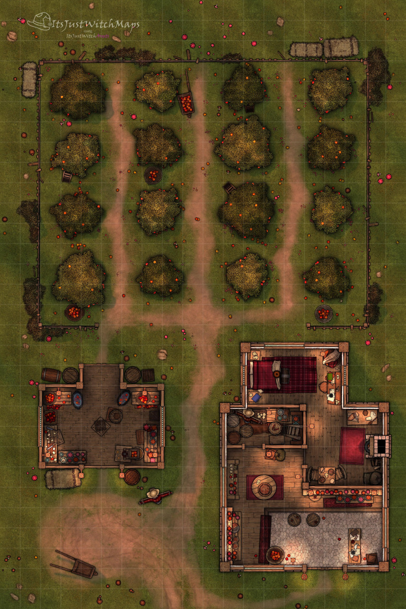 Free Apple Orchard Battlemap 20x30 Day/Night, Autumn, Basic, Horror Versions