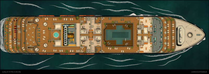a day on the cruise ship - multi level map (deck -1 to deck 3 as abandoned variant & deck 4 to 7 + roof as modern variant) + floorplan handouts [99x35]