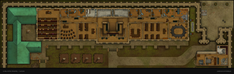 Do you dare venture into the fungus-infested basement rooms of the Campus of Human Sciences? I hope you haven't forgotten your gas mask. > a day at the university battlemaps - Lecture & medical faculty building [82x26, abandoned version] & Entrance [27x43