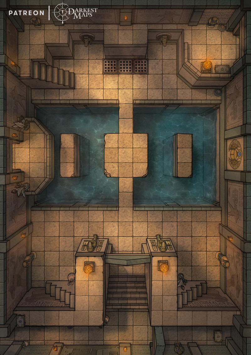 Bruised and weary, the party has overcome the first chamber of the Desert Dungeon. But this is no time to celebrate. Every step must be calculated… as one by one, the carved stone lids of the sarcophagi throughout the chamber begin to slide open…[24x17] [