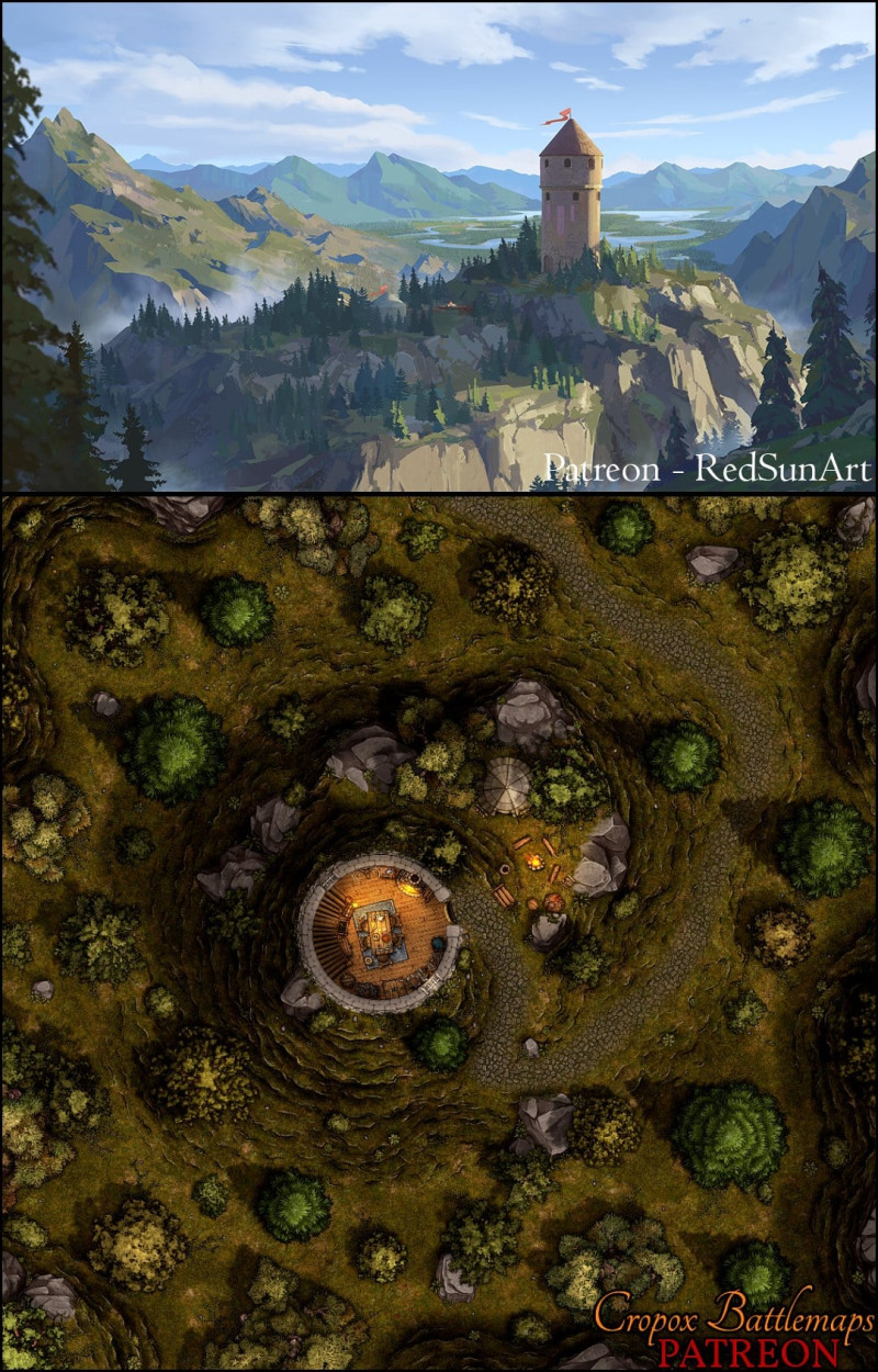Guard Tower 30x30 battle map & scene (Red Sun Art & Cropox Battlemaps)