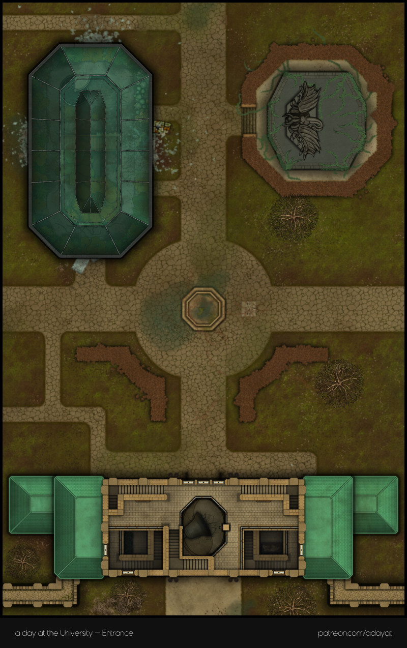 Do you dare venture into the fungus-infested basement rooms of the Campus of Human Sciences? I hope you haven't forgotten your gas mask. > a day at the university battlemaps - Lecture & medical faculty building [82x26, abandoned version] & Entrance [27x43