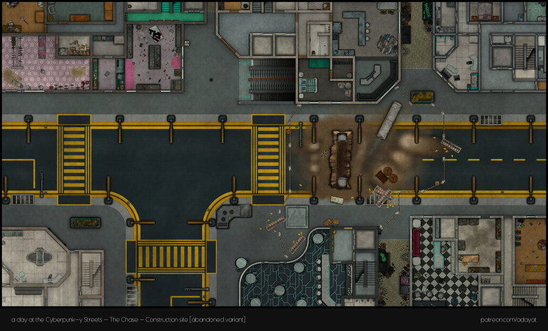 Just wanted to share are all free map releases I made for my cyberpunk-y streets content pack: Slums & construction [aband.], Bridge & Garage [modern] [48x29] + Night market [60x48, modern] & Casino [70x62, modern] & Corporate Plaza [60x77, modern] in the
