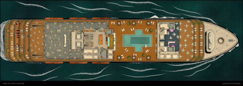 a day on the cruise ship - multi level map (deck -1 to deck 3 as abandoned variant & deck 4 to 7 + roof as modern variant) + floorplan handouts [99x35]
