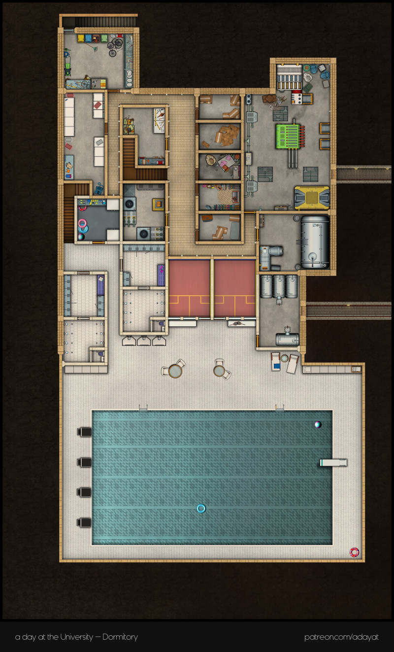 They said to meet at the pool from their dormitory at 3am in the morning, I wonder what they might want... a day at the University | Part 3: The Dormitory [26x43, ground floor & basement]