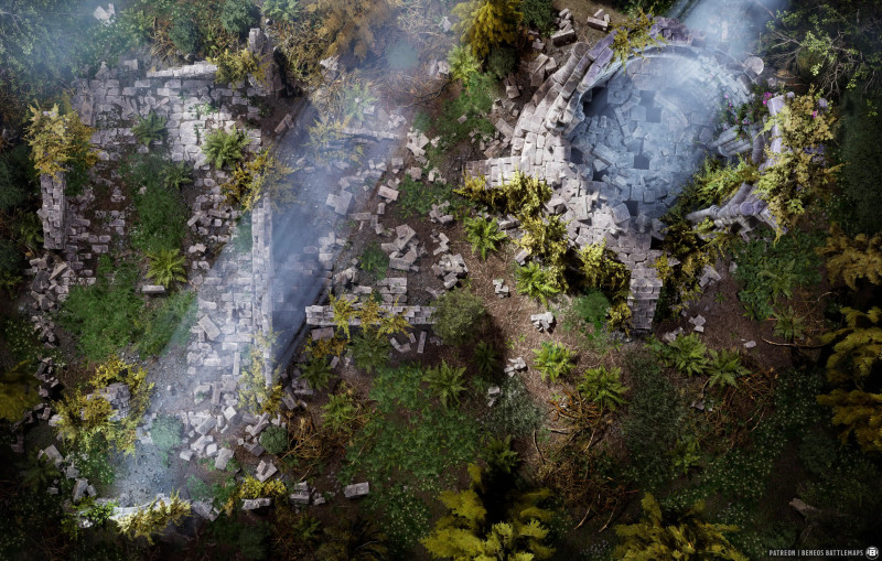 Ruins in the forest | [Animated Battlemap] [55x35] [100px per Square] [Gridless] [3D Rendered] [OC] | Beneos Battlemaps