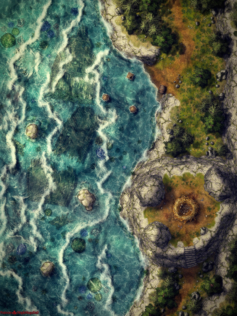 Harpy Nest by MapleMapsDnD (day - night, with and without grid) | [Battle Map] [No AI] [OC] [Art]