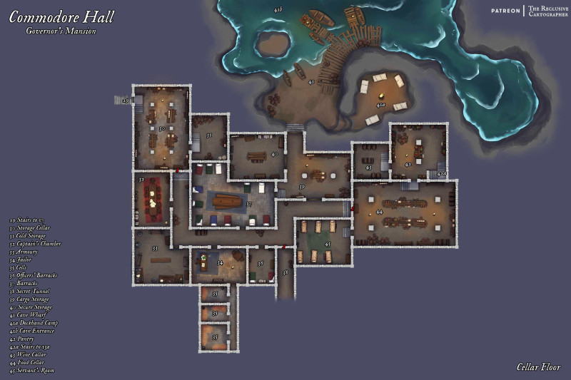 Commodore Hall - Governor's Mansion - 60x40 - 4 Level Dungeon Map - Drawn in PS and Procreate