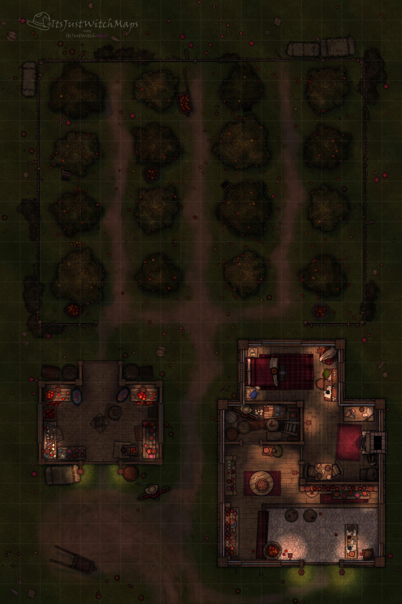 Free Apple Orchard Battlemap 20x30 Day/Night, Autumn, Basic, Horror Versions