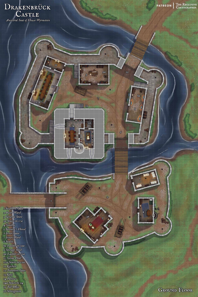 Drakenbrück Castle - 3 level battlemap - 45x60 - RC