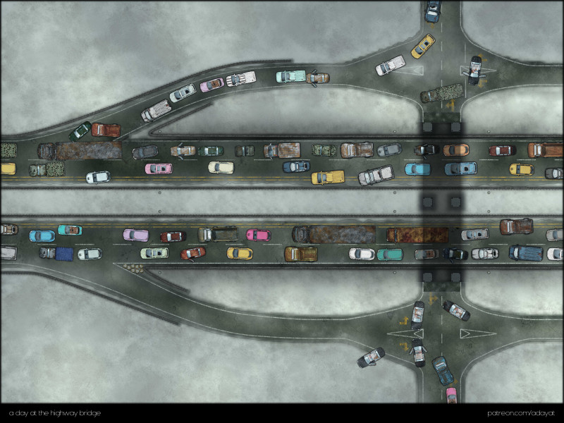 “Back then, everyone tried to leave the city at the same time - how are we supposed to get through this traffic chaos?” [three different biomes: snow, desert and green with different traffic situations] [60x45]
