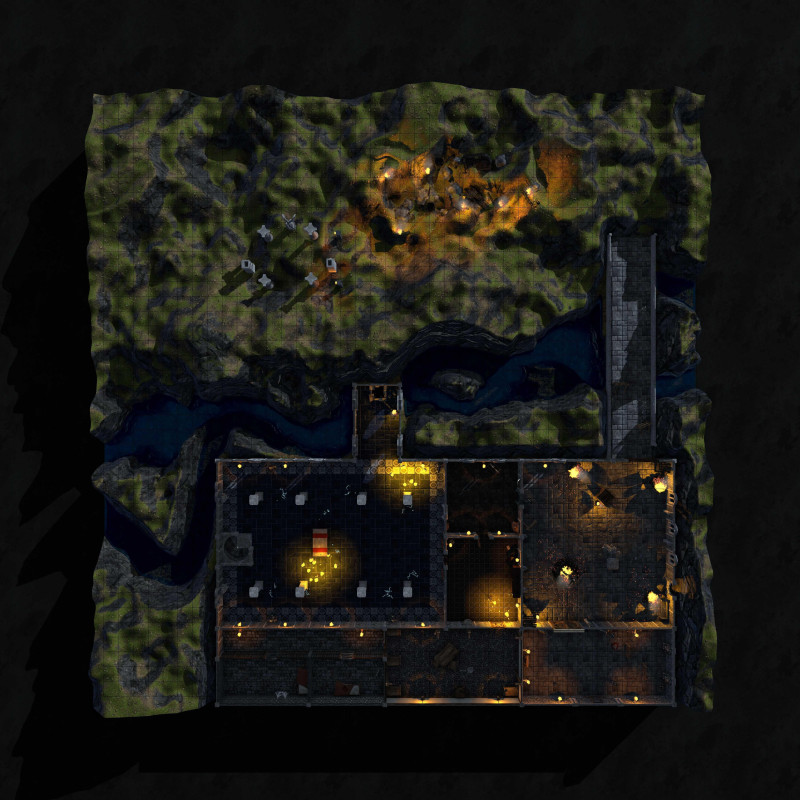The Fallen Temple — a siege-torn shrine on the mountain, free to download [40x40, Foundry/Roll20/AboveVTT]