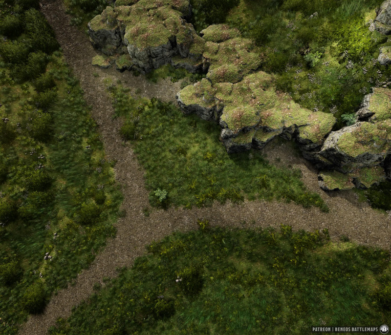 Highland Crossroads | [Animated Battlemap] [35x30] [100px per Square] [Gridless] [3D Rendered] [OC] | Beneos Battlemaps