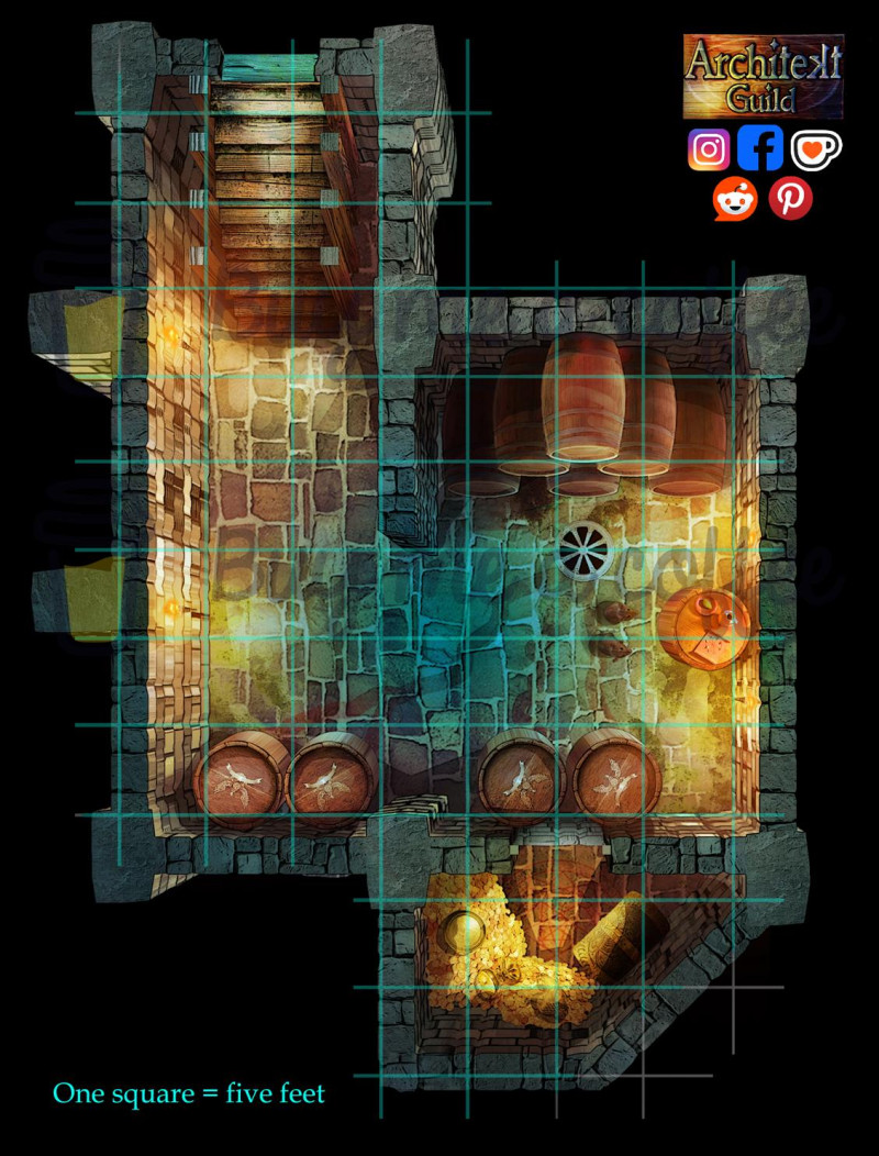 Wine and other treasures (RPg fantasy cellar battlemap grid+gridless)