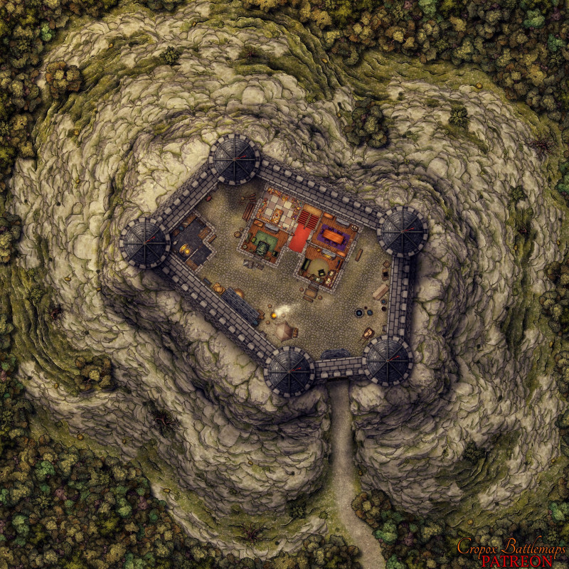 Stonepeak Castle 55x55 battle map (2 variations + interior) + scene (Red Sun Art & Cropox Battlemaps)